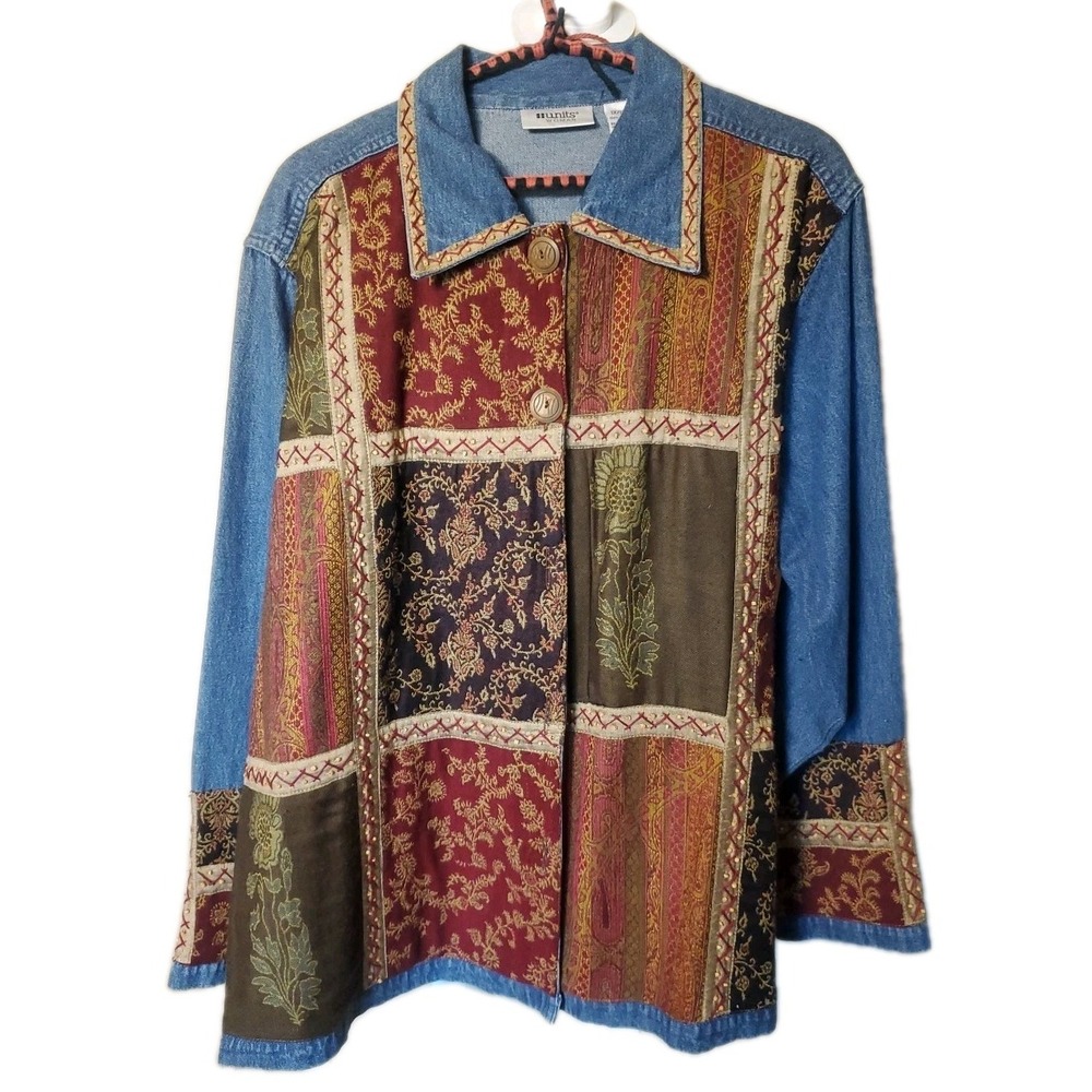 Units Women's Denim Jacket Fall Patchwork Embroideredβ Cotton Size XL Vintage